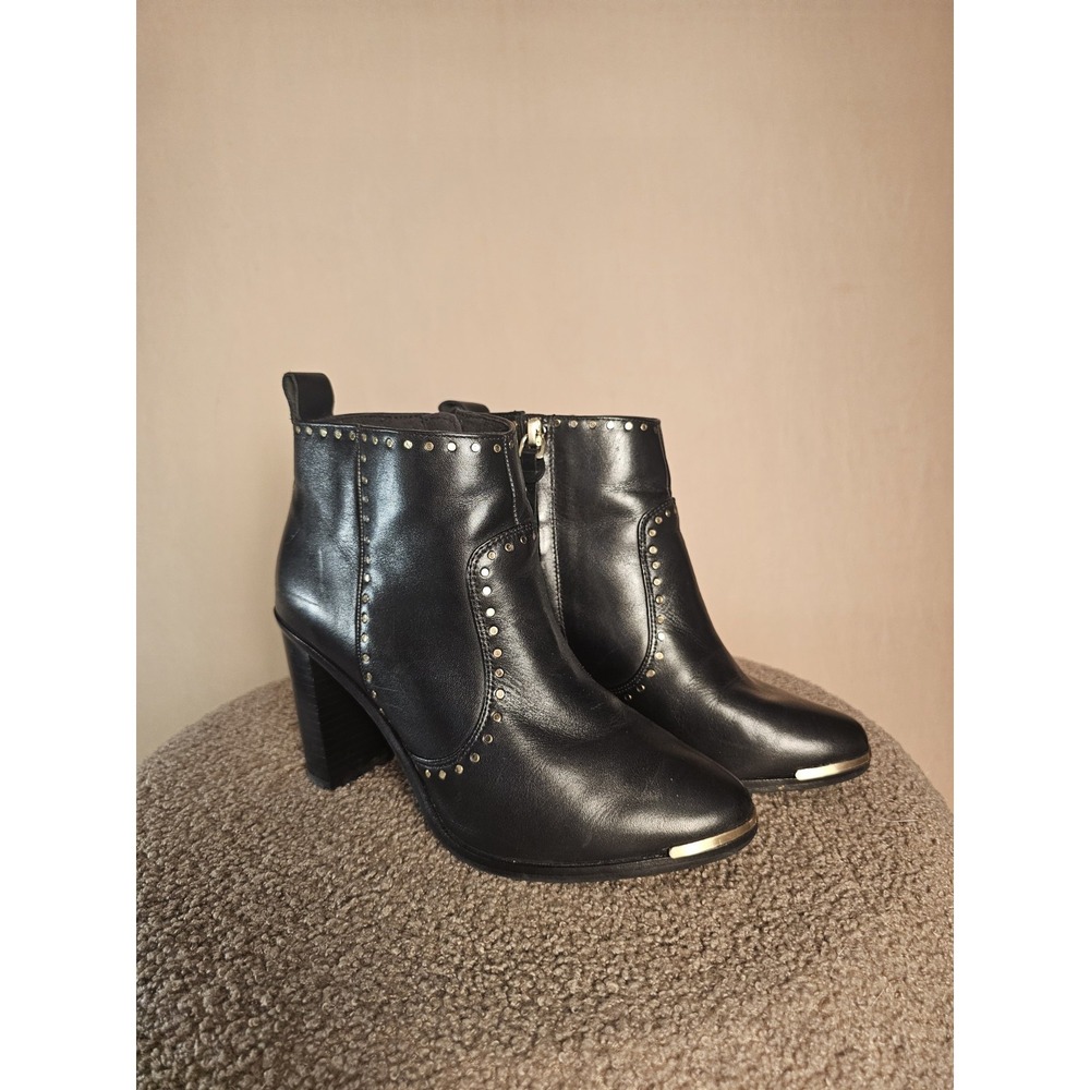 Ted Baker Black Leather Studded Ankle Boots 37 Y2K Moto Gold Toe
